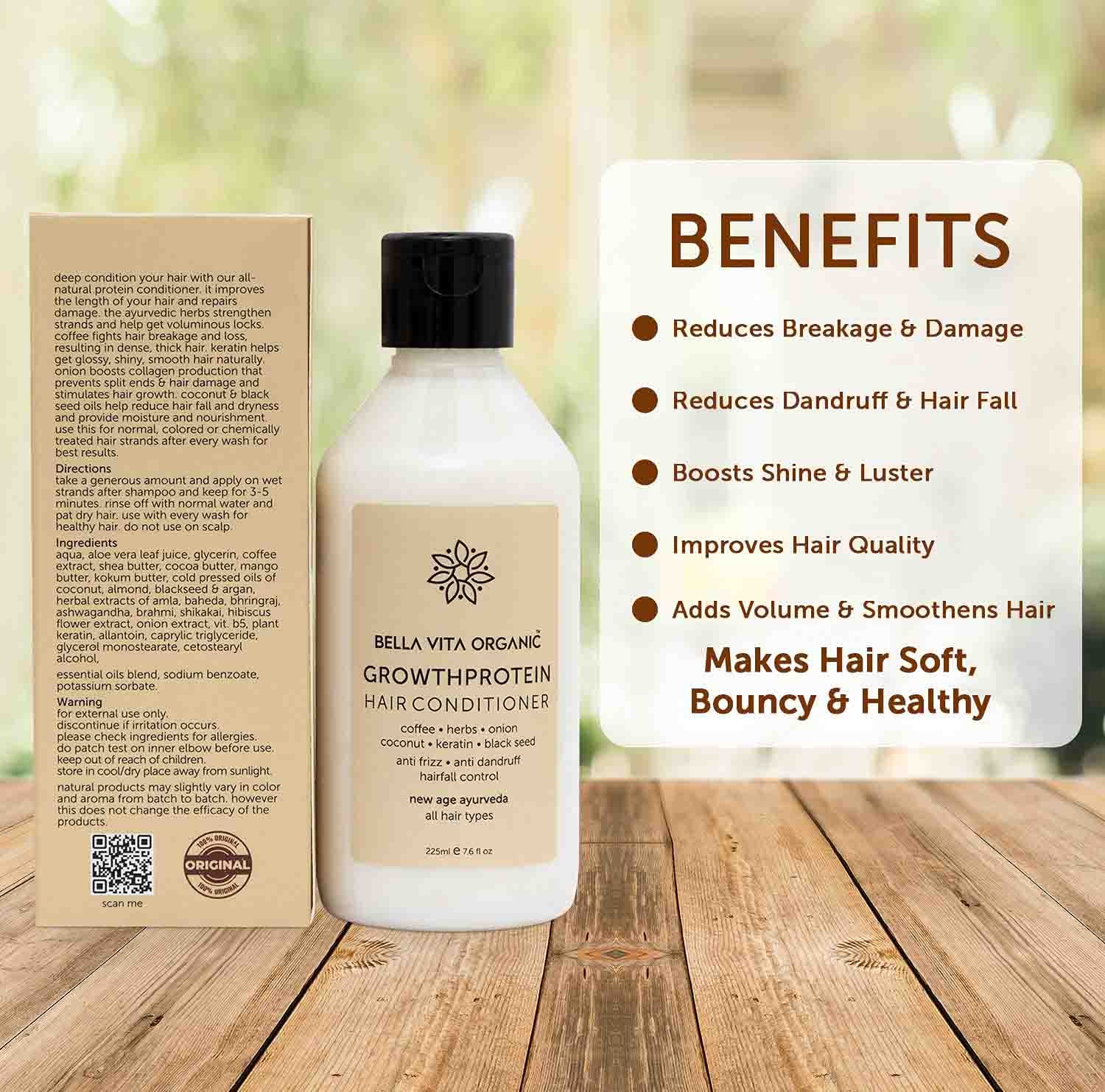 Bella Vita Organic Growth Protein Natural Hair Conditioner For Hair Fall,  Dry & Frizzy Hair - 225 ml